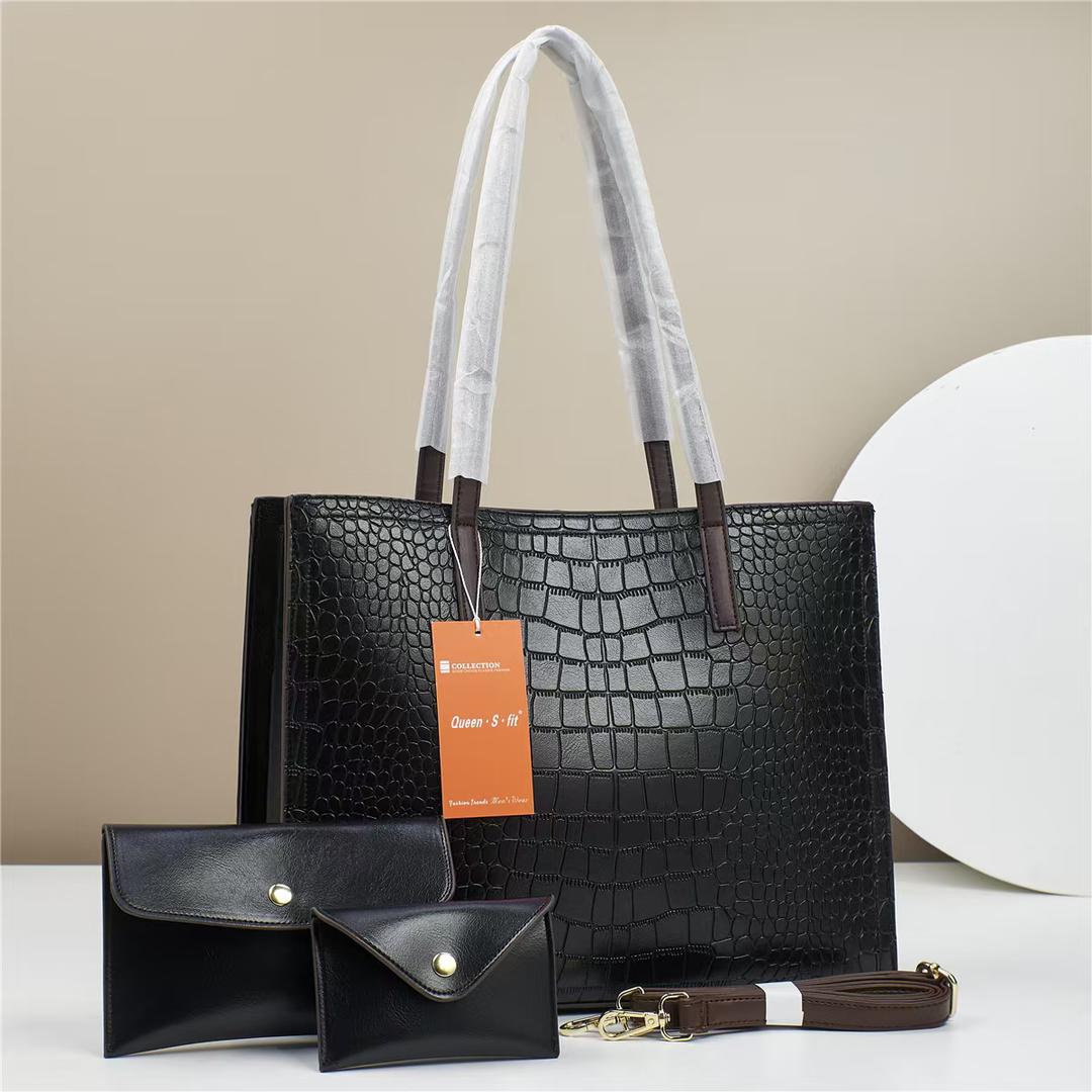 Luxe Noir 3-Piece Crocodile Embossed Handbag Set