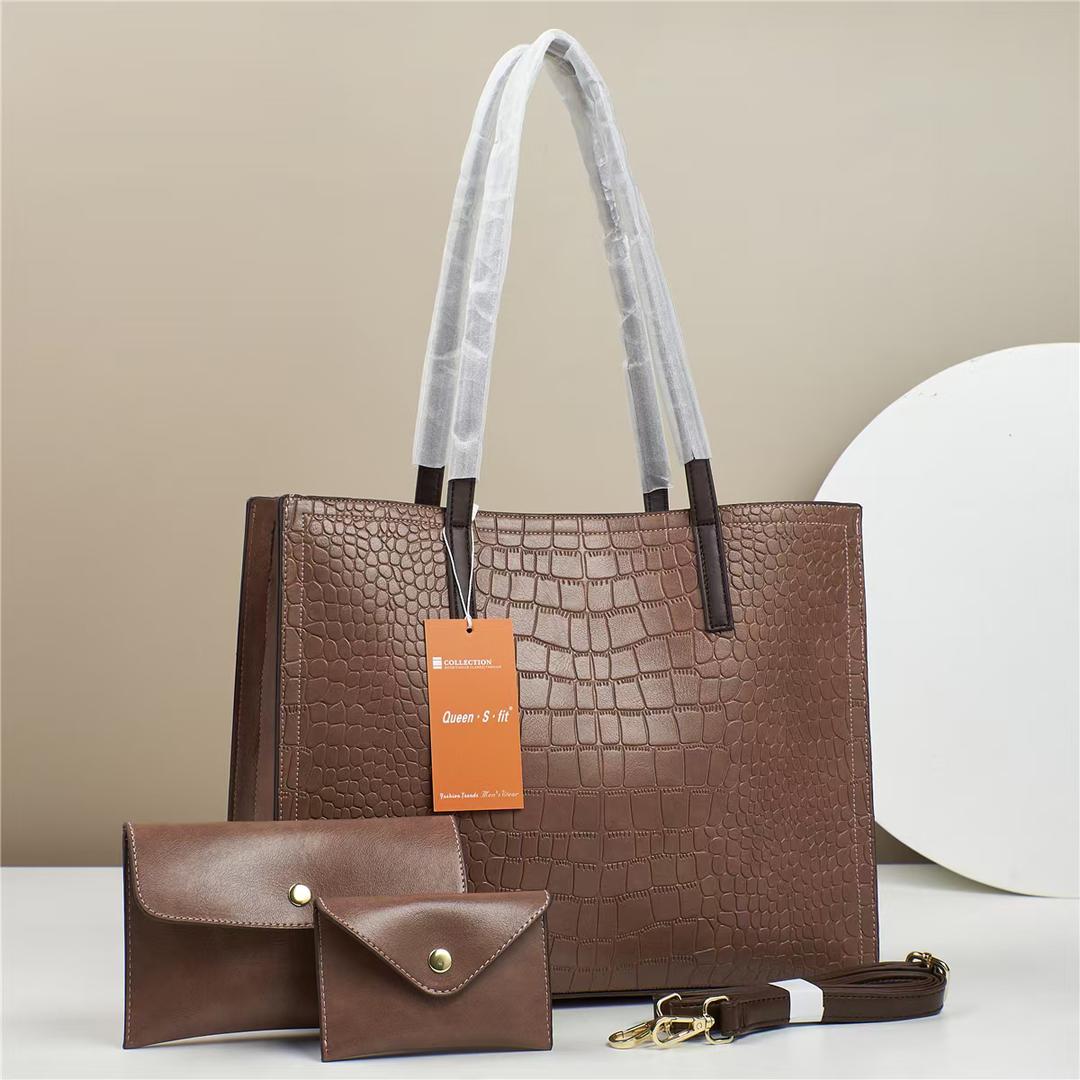 Luxe Noir 3-Piece Crocodile Embossed Handbag Set