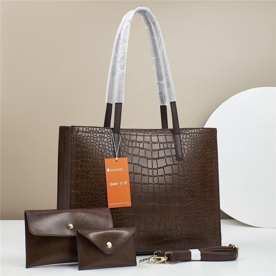 Luxe Noir 3-Piece Crocodile Embossed Handbag Set