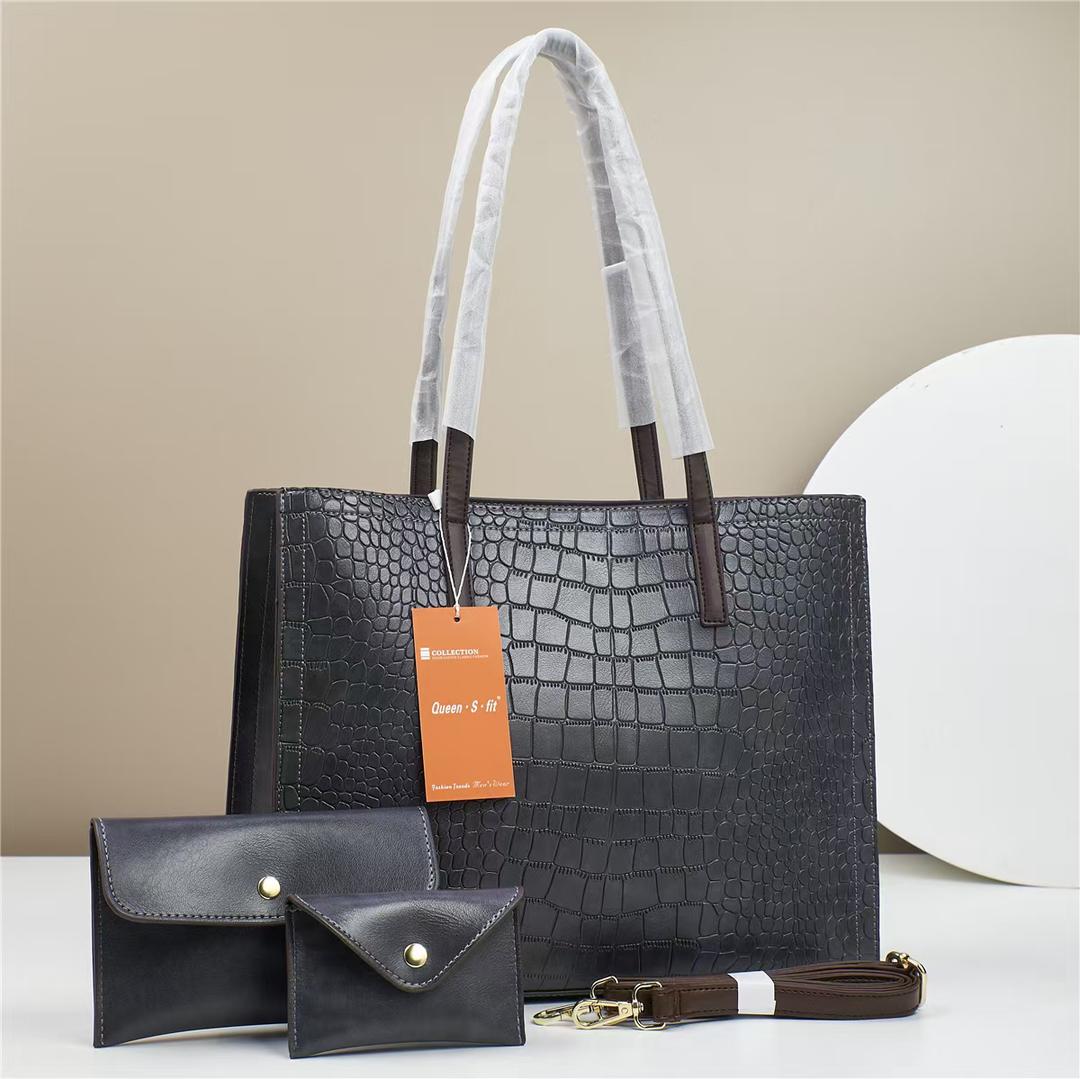Luxe Noir 3-Piece Crocodile Embossed Handbag Set