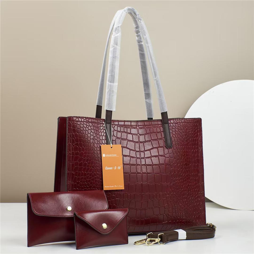 Luxe Noir 3-Piece Crocodile Embossed Handbag Set