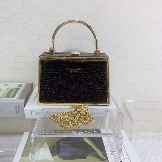 Elegant Croc-Embossed Box Handbag with Gold Frame