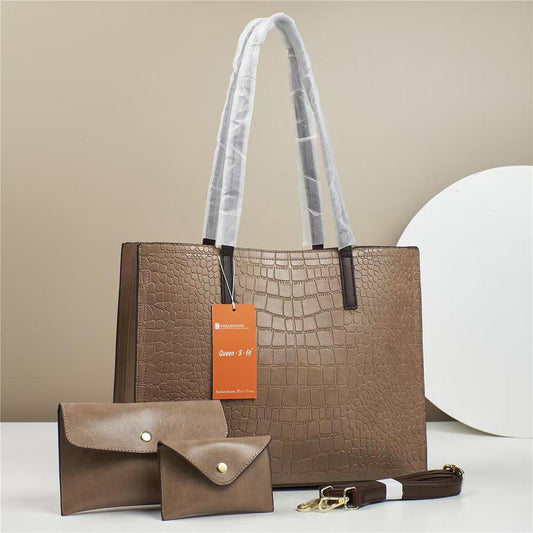 Luxe Noir 3-Piece Crocodile Embossed Handbag Set
